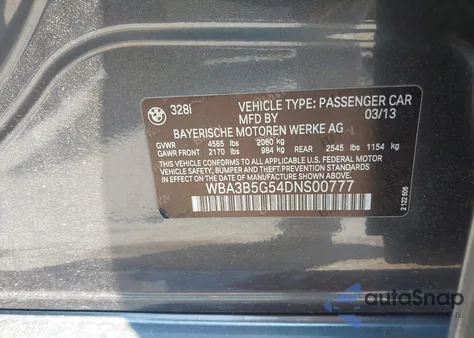 2013 BMW 328I xDrive z USA, uszkodzony, nr VIN WBA3B5G54DNS00777